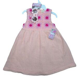 Btween Girls Sleeveless Dress 3T Peach Cotton Crochet Top Pink Back Buttons NWT
